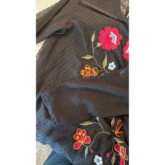 Boho Black Floral Embroidered Sheer Swiss Dot Blouse Top XL - Picture 13 of 14